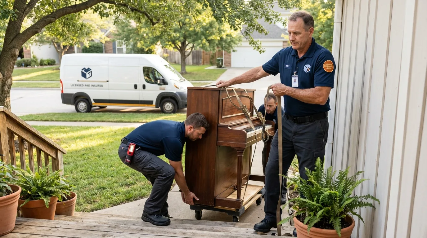 Licensed piano movers securing grand piano in Marion, TX